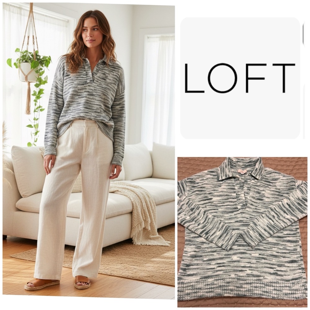 LOFT Green and White V-Neck Sweater